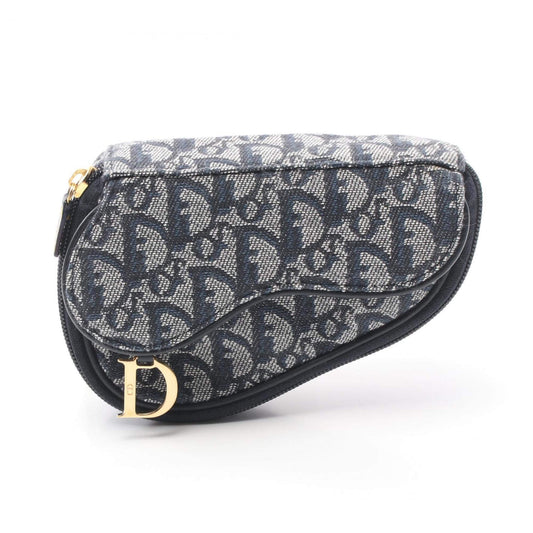 Christian Dior Dior Saddle Trotter Pouch Bag Canvas Leather Women's Navy Grey-1