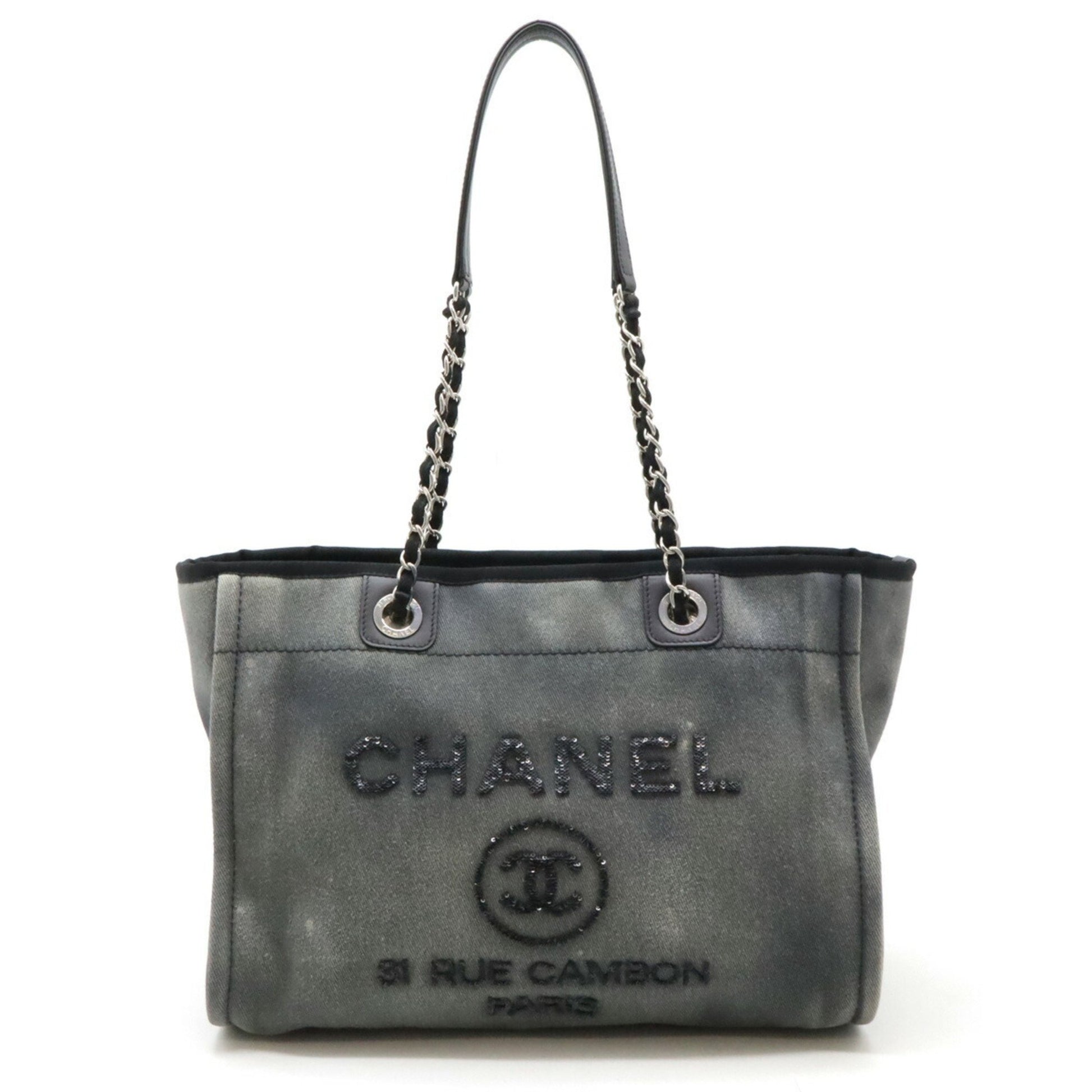 CHANEL Deauville Line Medium Tote MM Bag Shoulder Chain Sequin Canvas Gray Black A67001-0