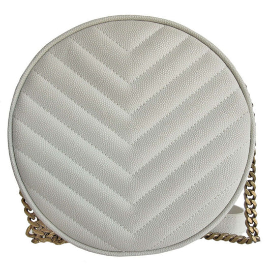 Round white quilted leather handbag with a gold chain strap and gold YSL logo on the front