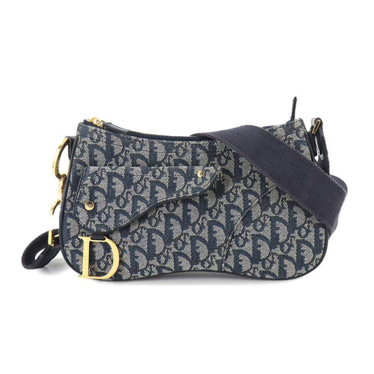 Christian Dior Trotter Double Saddle Bag Shoulder Canvas Leather Navy-0