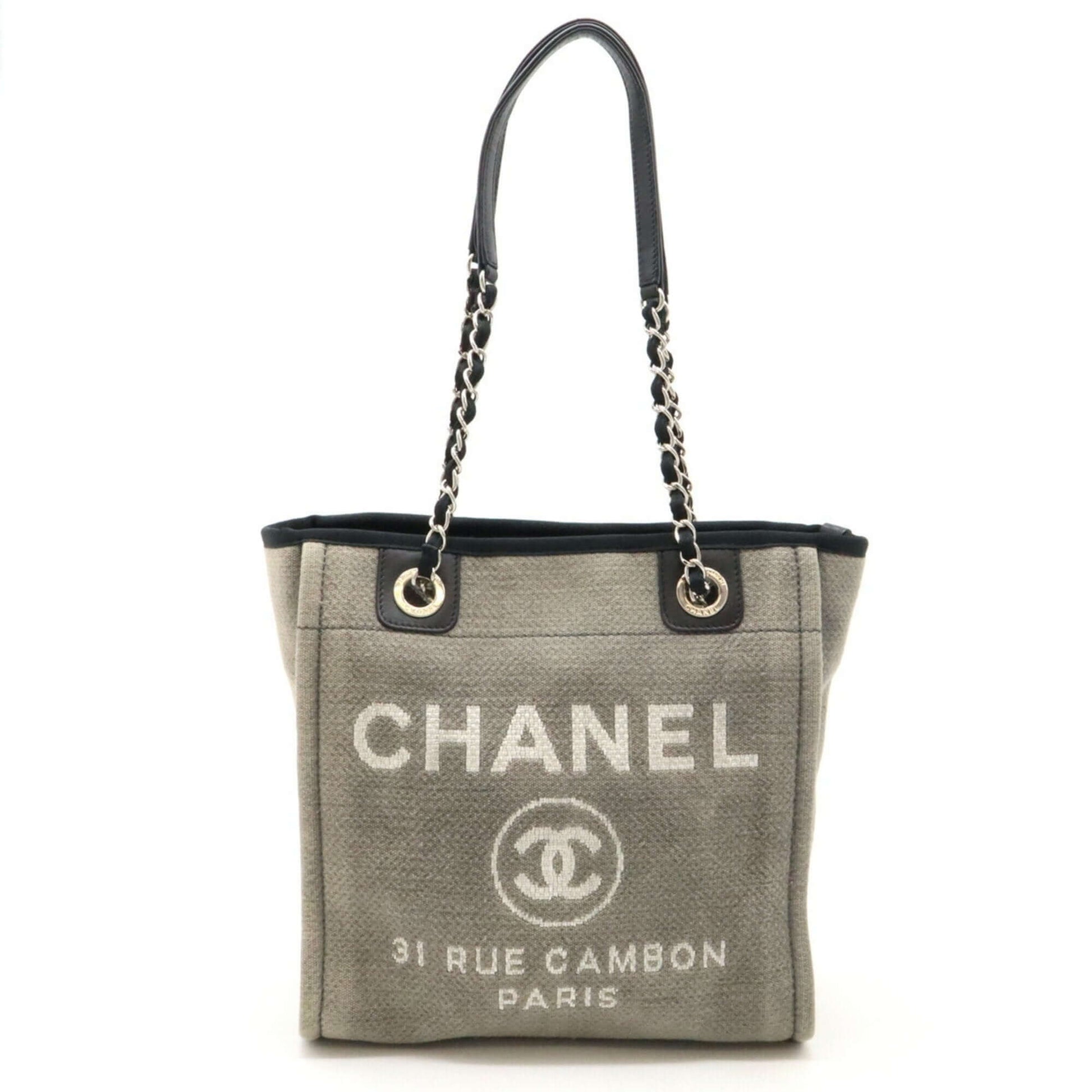 CHANEL Deauville Tote Bag Shoulder Chain Canvas Leather Gray Black A66939-1