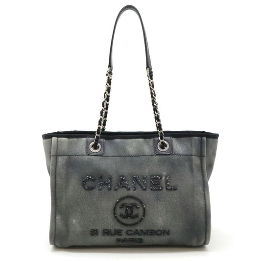 CHANEL Deauville Line Medium Tote MM Bag Shoulder Chain Sequin Canvas Gray Black A67001-1