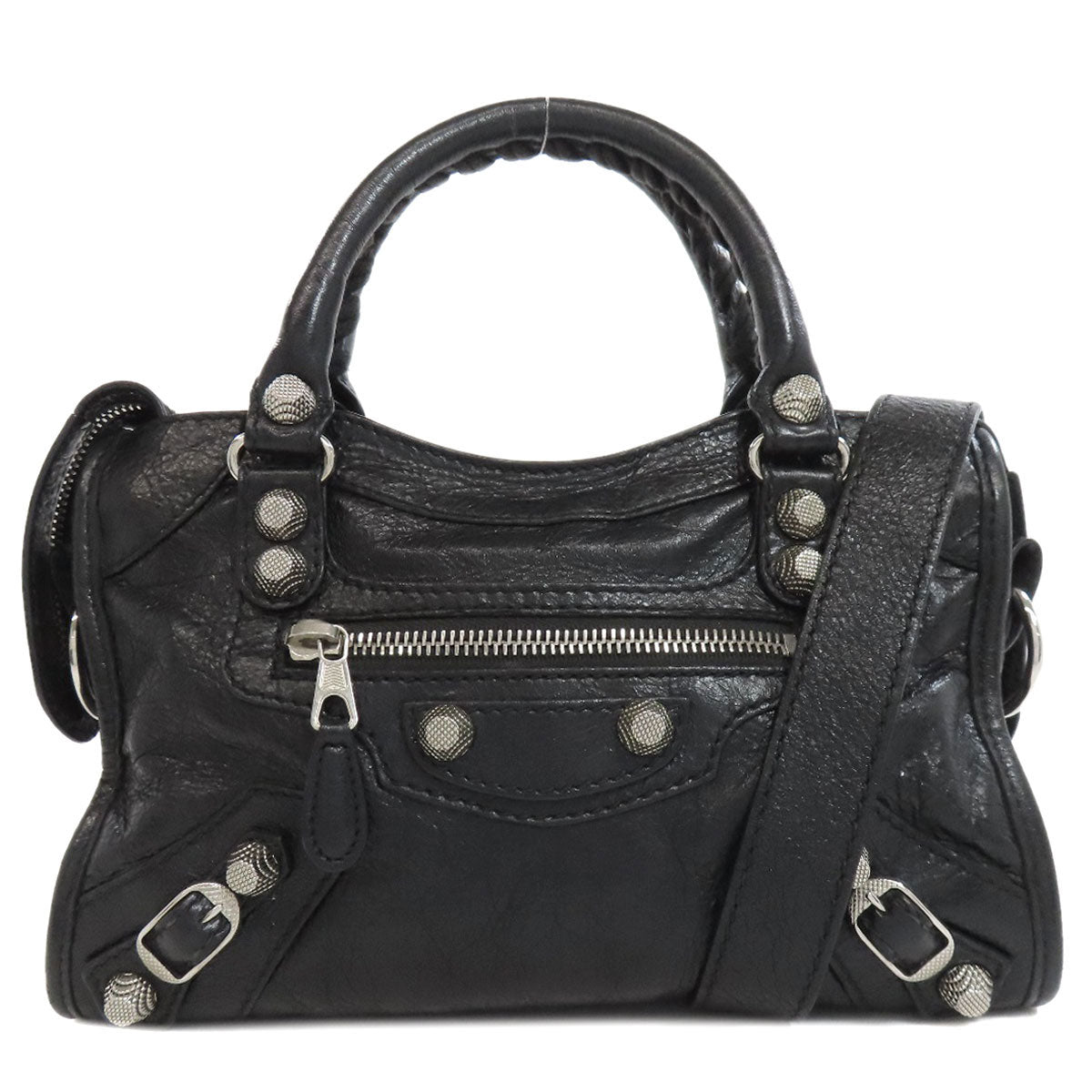 BALENCIAGA Vintage Black Handbag with Distressed Leather and Silver Hardware Details