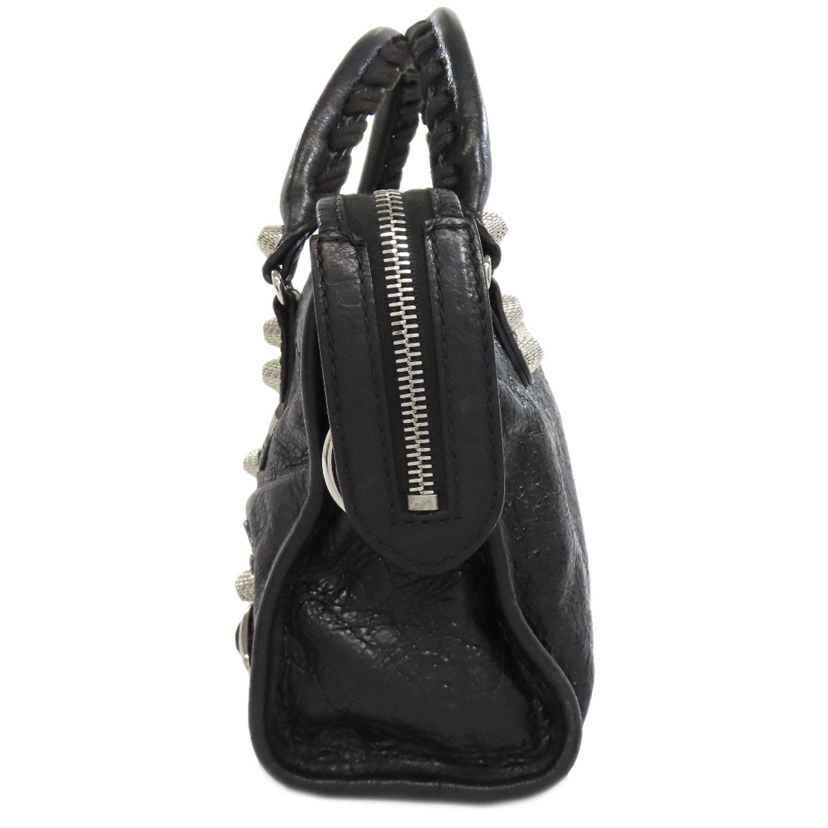 Balenciaga Vintage Black Leather Handbag with Studded Accents and Zipper Closure