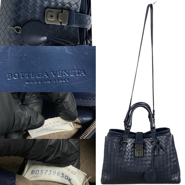 Bottega Veneta Pre-Owned Leather Bag in Navy with Woven Design and Detachable Strap