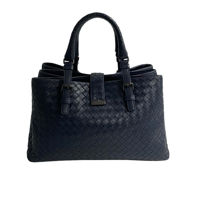 Pre-Owned Bottega Veneta Woven Leather Handbag in Dark Blue with Dual Handles