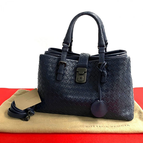 Pre-Owned Bottega Veneta Woven Leather Handbag in Navy with Detachable Strap and Tag