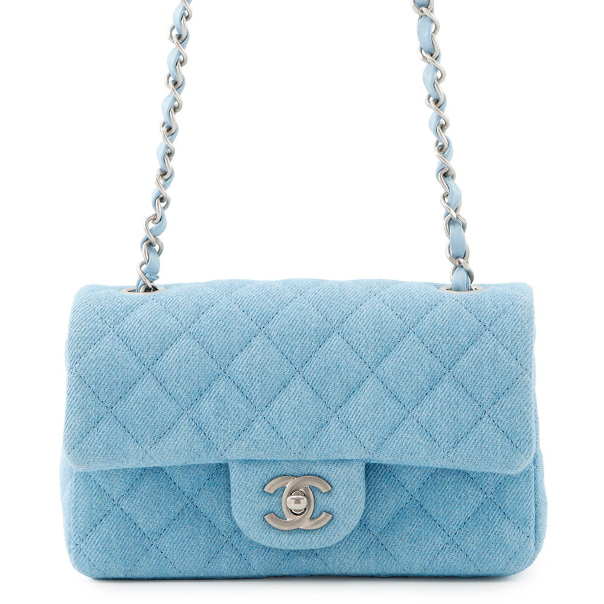 MANSII CHANEL Pre-Loved Mini Matelasse Denim Handbag in Light Blue with Classic Silver Hardware