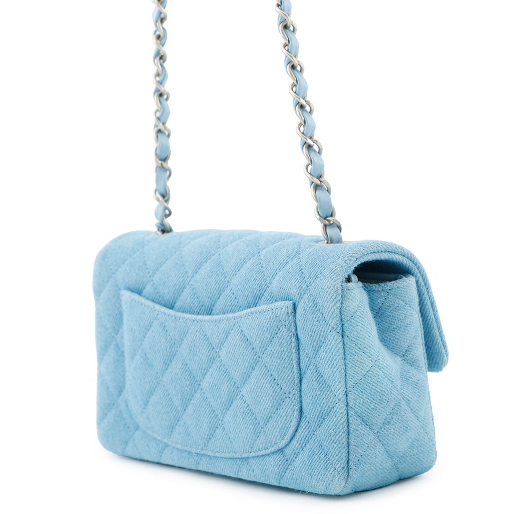 MANSII CHANEL Pre-Loved Mini Matelasse Denim Bag in Light Blue with Chain Strap and Quilted Design