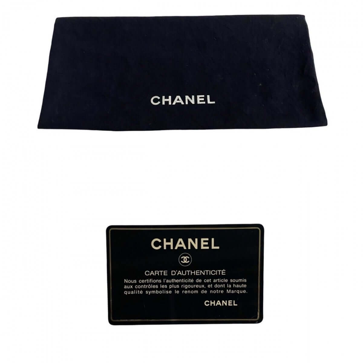Authentic CHANEL pre-owned bag with black dust cover and authenticity card for luxury enthusiasts