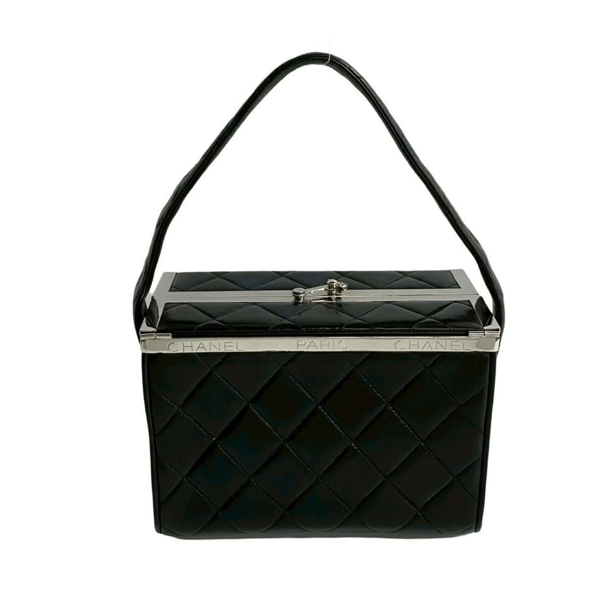 CHANEL pre-owned black quilted handbag with silver clasp and top handle