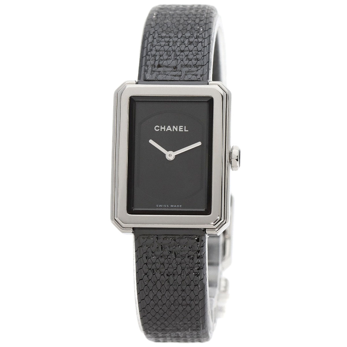 Pre-owned Chanel Boy-Friend watch with a sleek rectangular face and textured leather strap