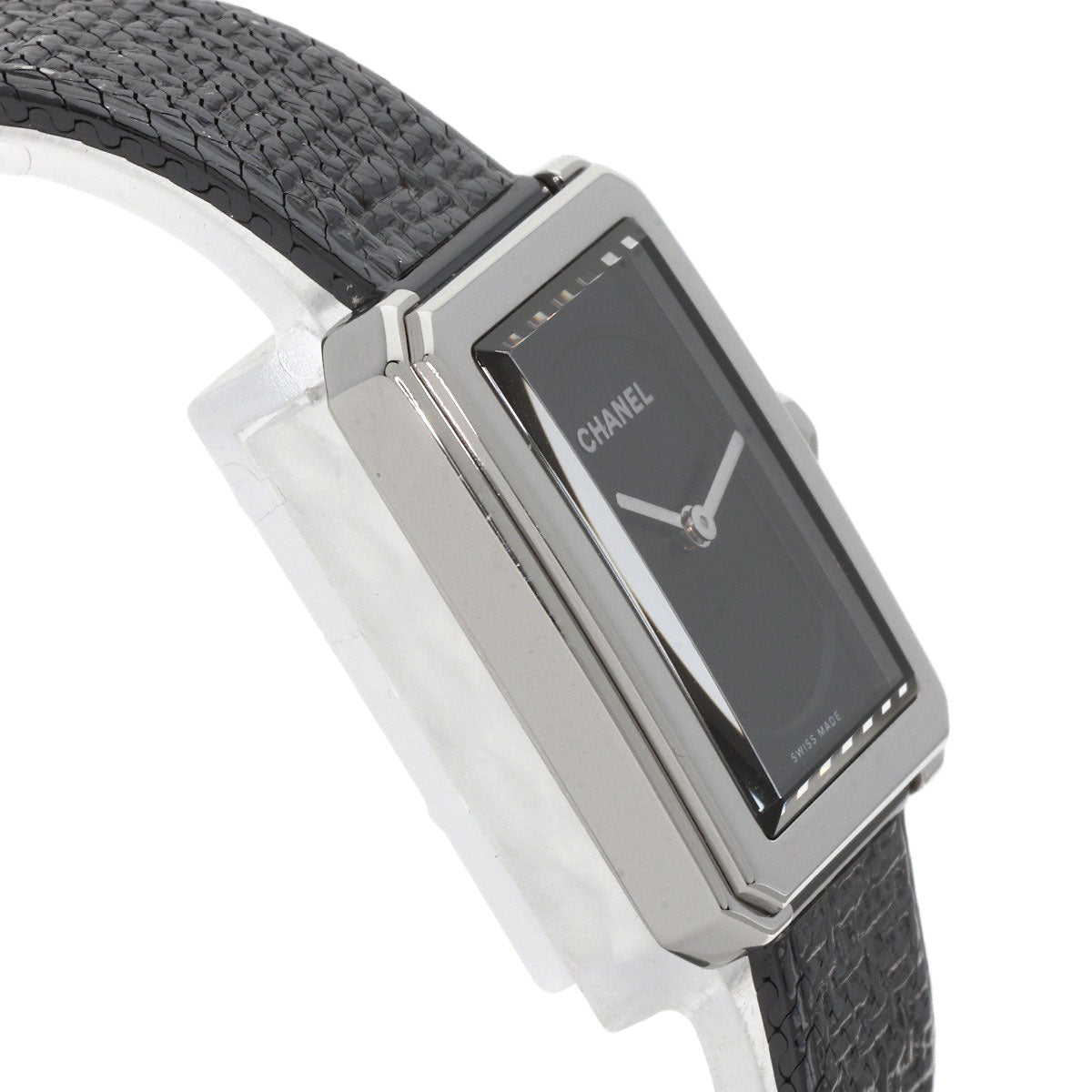 Elegant pre-owned Chanel Boy-Friend watch with a rectangular face and black leather strap