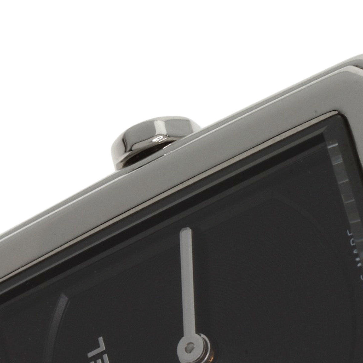 Close-up of pre-owned Chanel Boy-Friend watch with a sleek black dial and elegant design