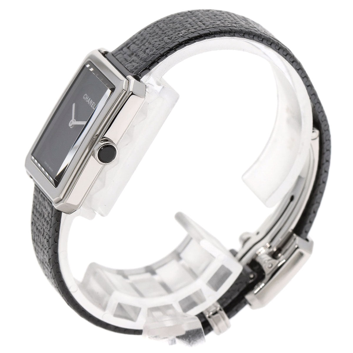 Side view of a pre-owned Chanel Boy-Friend watch featuring a sleek black leather strap and silver case