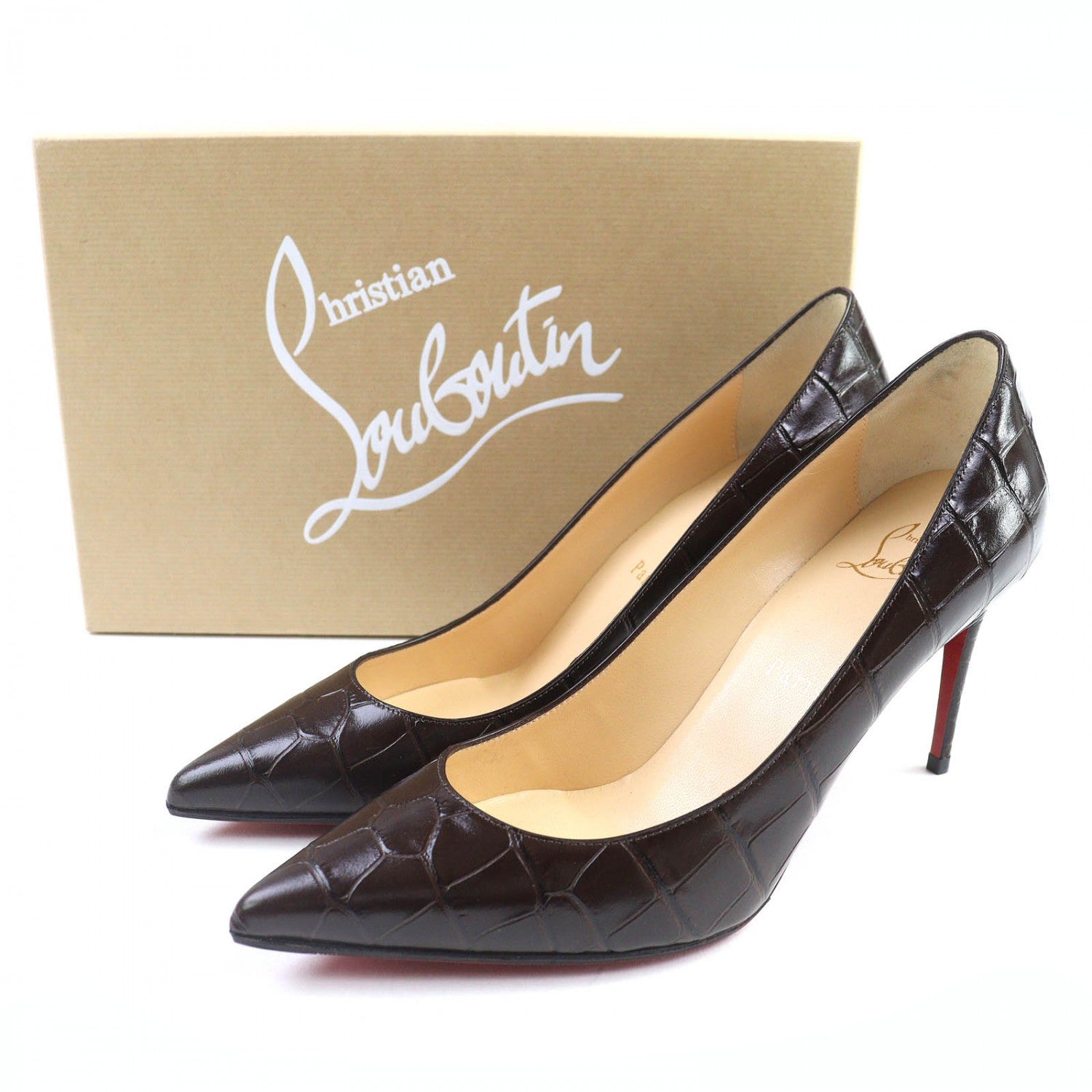 Elegant pre-owned Christian Louboutin pumps in dark brown with a sleek patent finish and pointed toe design
