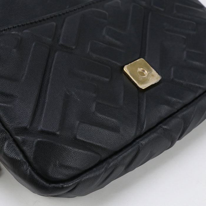 FENDI second hand black leather bag with embossed design and gold hardware detail.