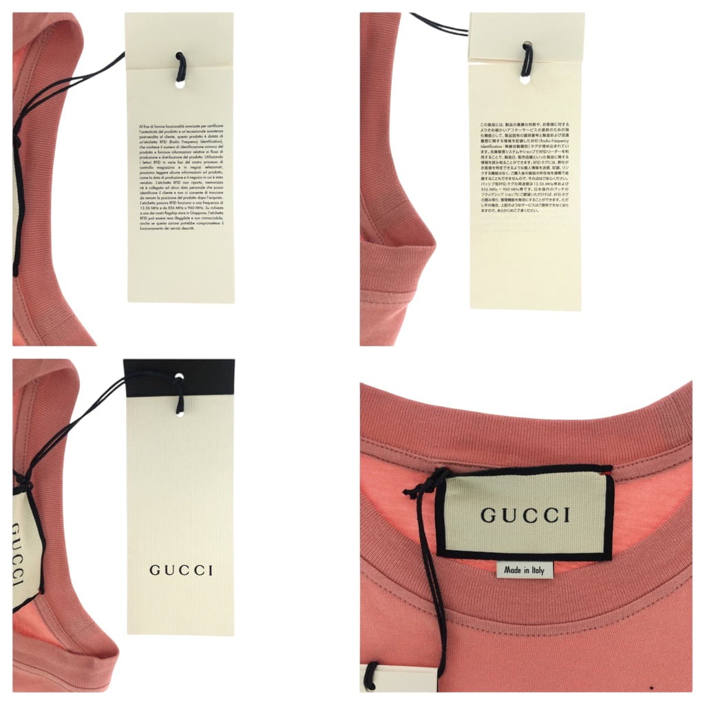 Close-up of designer pre-loved Gucci shirt women with original tags showing fabric details and brand logo
