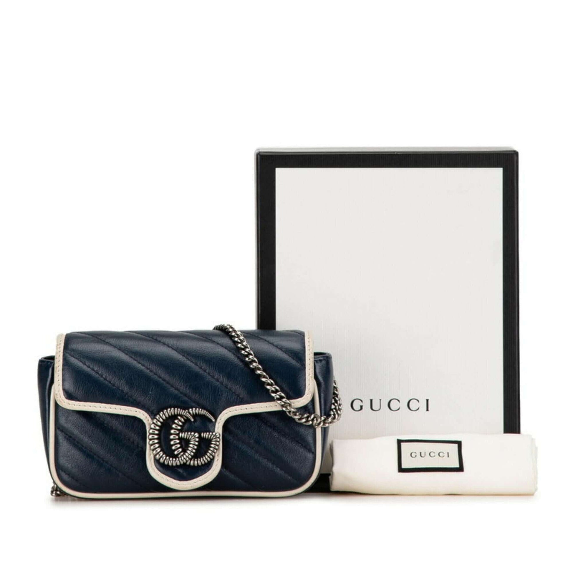 Gucci GG Marmont Chain Shoulder Bag 574969 Navy White Leather Women's GUCCI - Mansii