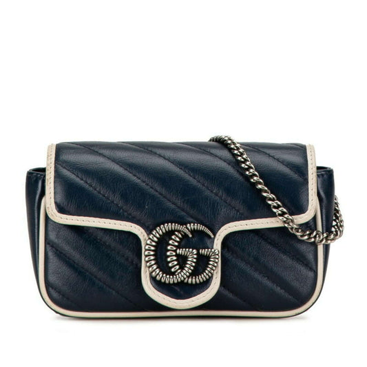 Gucci GG Marmont Chain Shoulder Bag 574969 Navy White Leather Women's GUCCI - Mansii