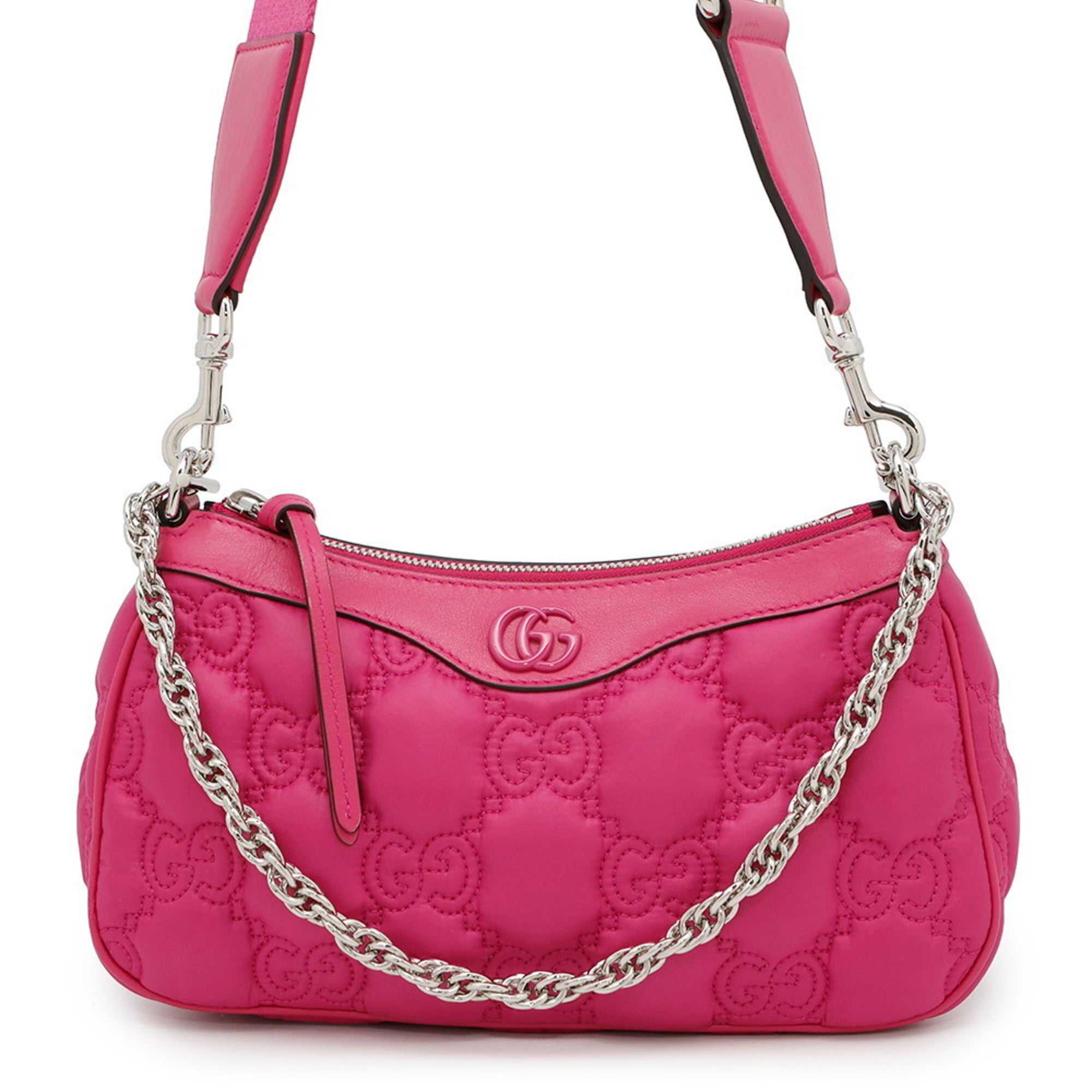 MANSII GUCCI Pre-Loved GG Matelasse shoulder bag in vibrant pink with quilted design and silver chain strap