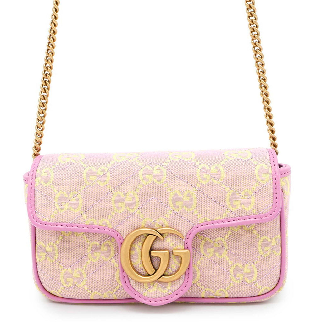 MANSII GUCCI Pre-Loved GG Super Mini Canvas bag in pink with gold chain and logo detail
