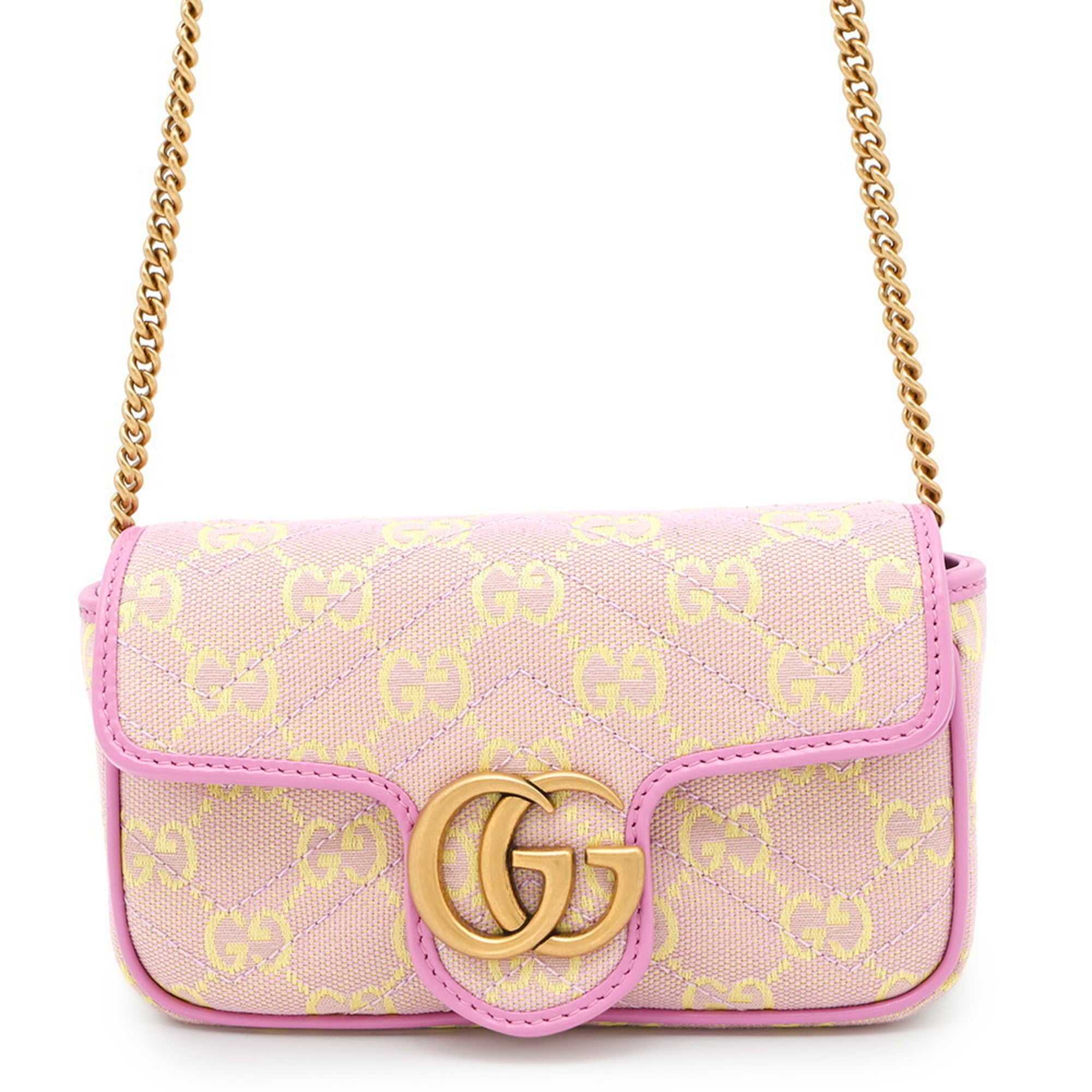 MANSII GUCCI Pre-Loved GG Super Mini Canvas bag in pink with gold chain and logo detail