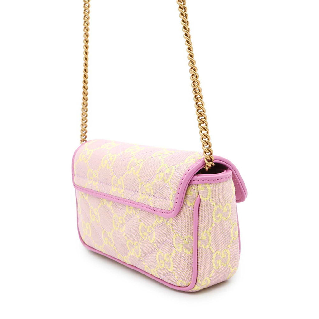 MANSII GUCCI Pre-Loved GG Super Mini Canvas bag in pink and yellow with a stylish chain strap