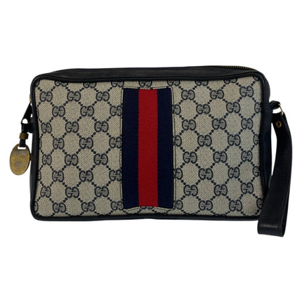 GUCCI pre-owned bag with iconic logo design and striking red and navy stripe detail