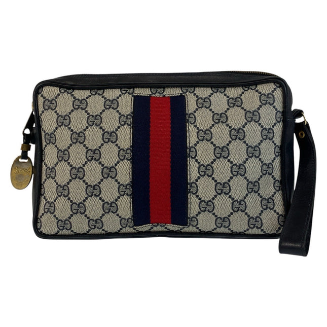 GUCCI pre-owned bag with iconic logo design and striking red and navy stripe detail