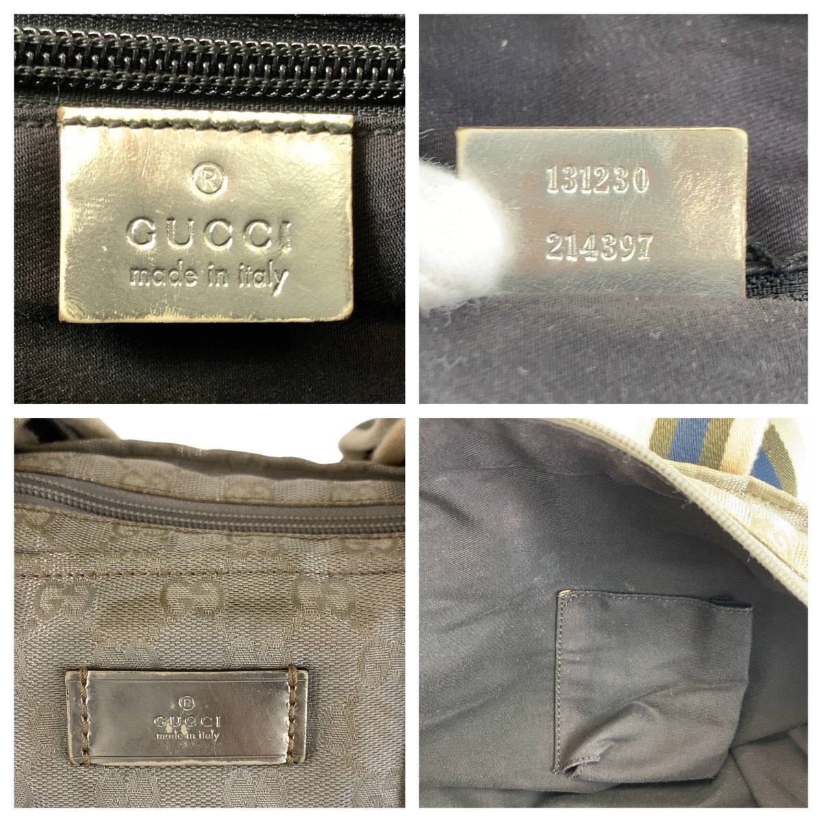 GUCCI pre-owned bag interior details including labels and tags for authenticity