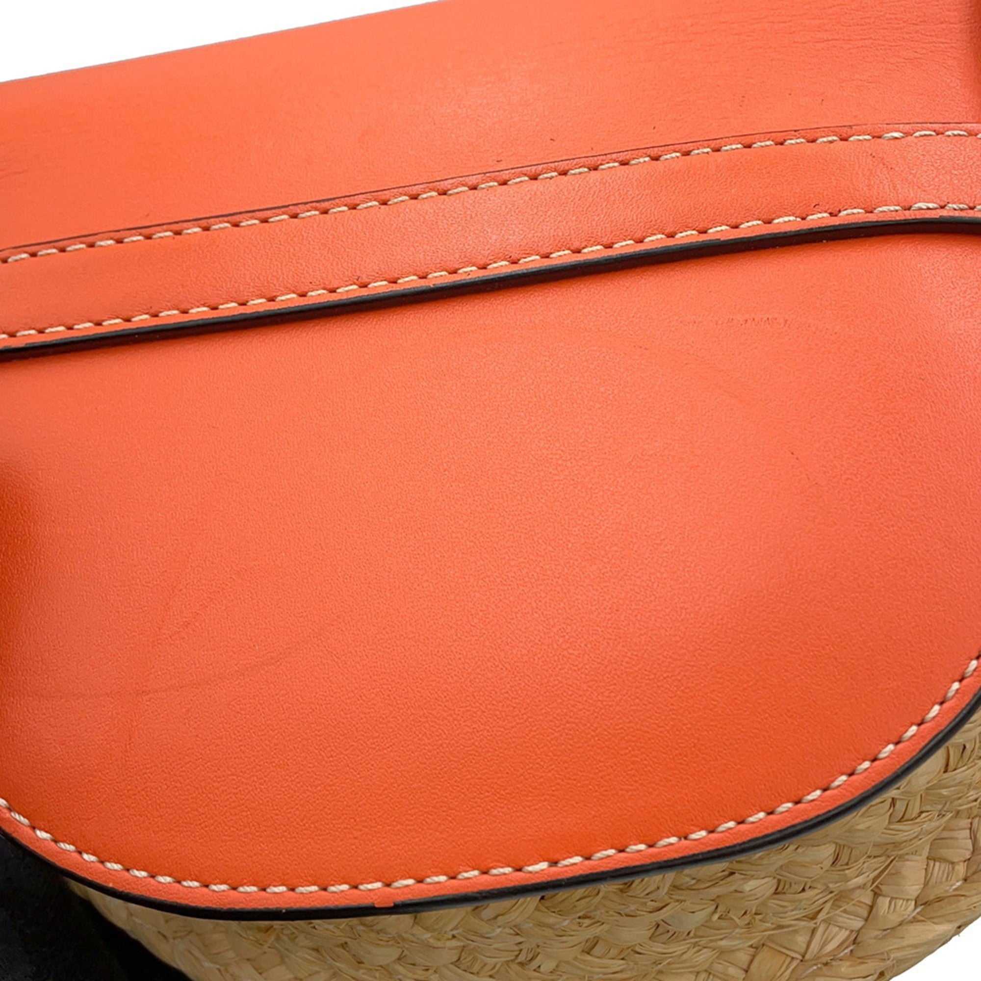 Close-up view of LOEWE Pre-Loved Gate Mini Raffia Bag featuring orange leather details and woven raffia design