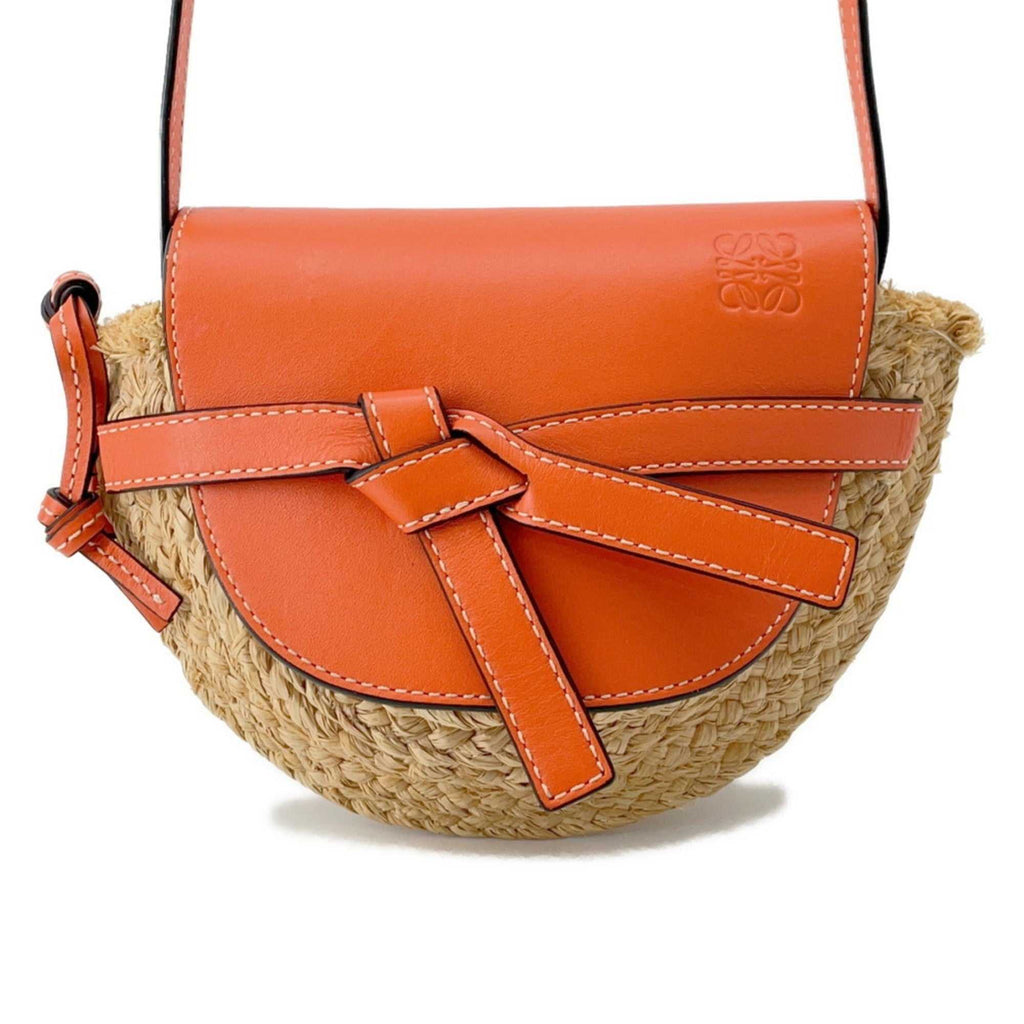 MANSII LOEWE Pre-Loved Gate Mini Raffia Bag in Orange with Leather Accents and Adjustable Strap