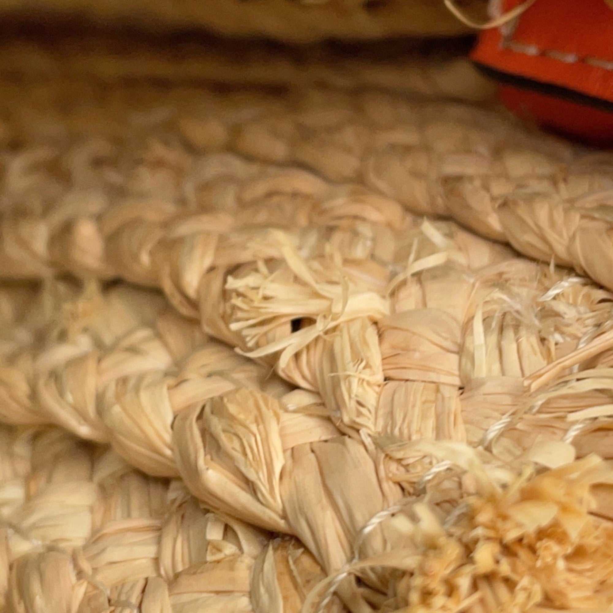 Close-up of the woven texture of the LOEWE Pre-Loved Gate Mini Raffia Bag showcasing its natural raffia material