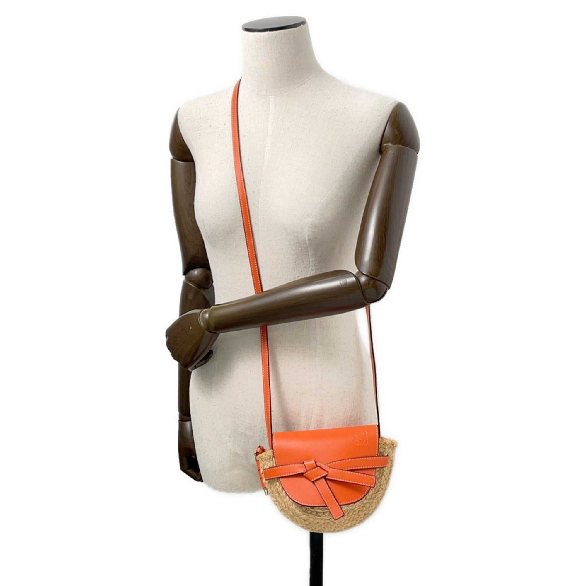 MANSII LOEWE Pre-Loved Gate Mini Raffia Bag with Orange Leather Accents and Adjustable Strap