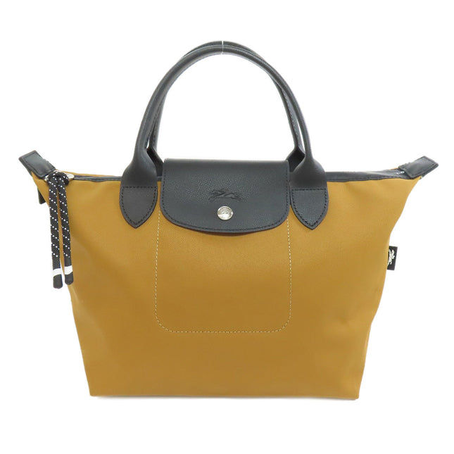 Longchamp pre-owned bag in mustard yellow with black leather handles and detailing
