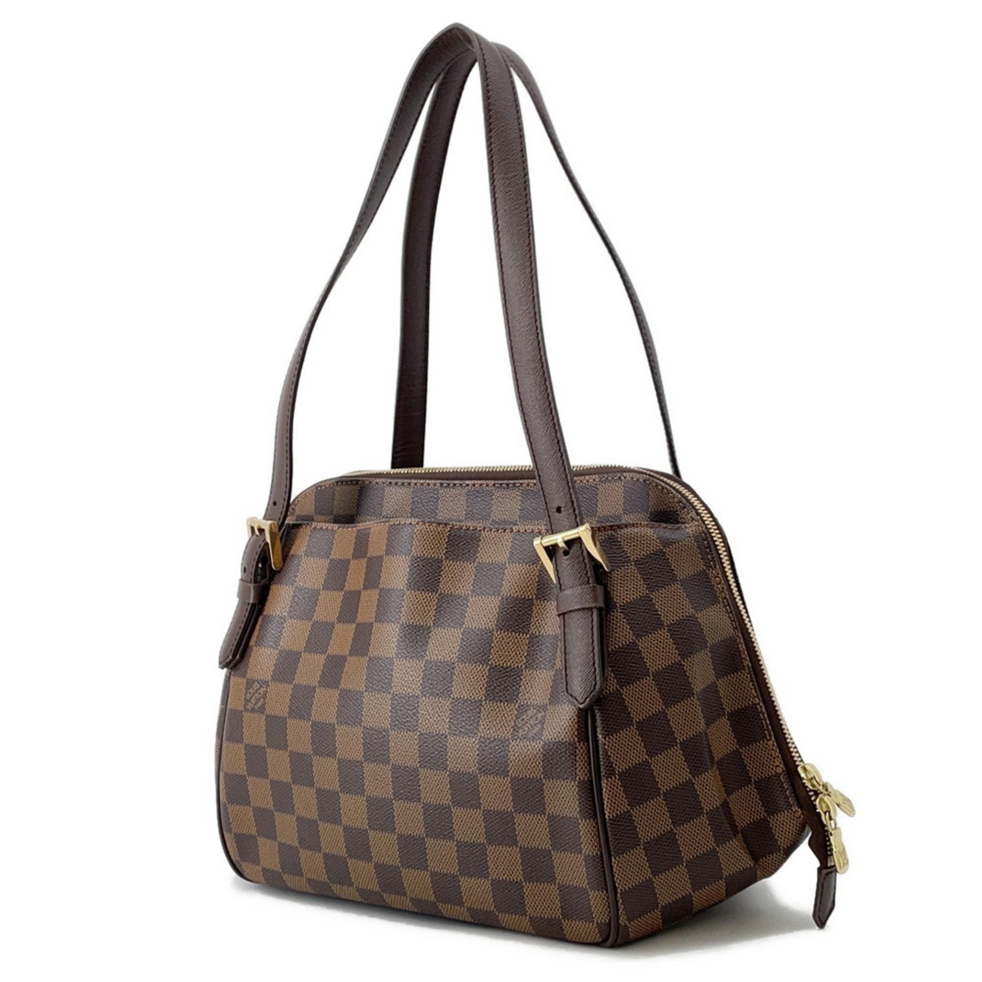 Authentic Louis Vuitton Belem MM bag for sale in brown Damier canvas with leather straps and zip closure
