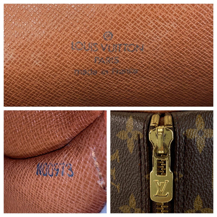 Close-up of a pre-owned Louis Vuitton bag showing branding and zipper details