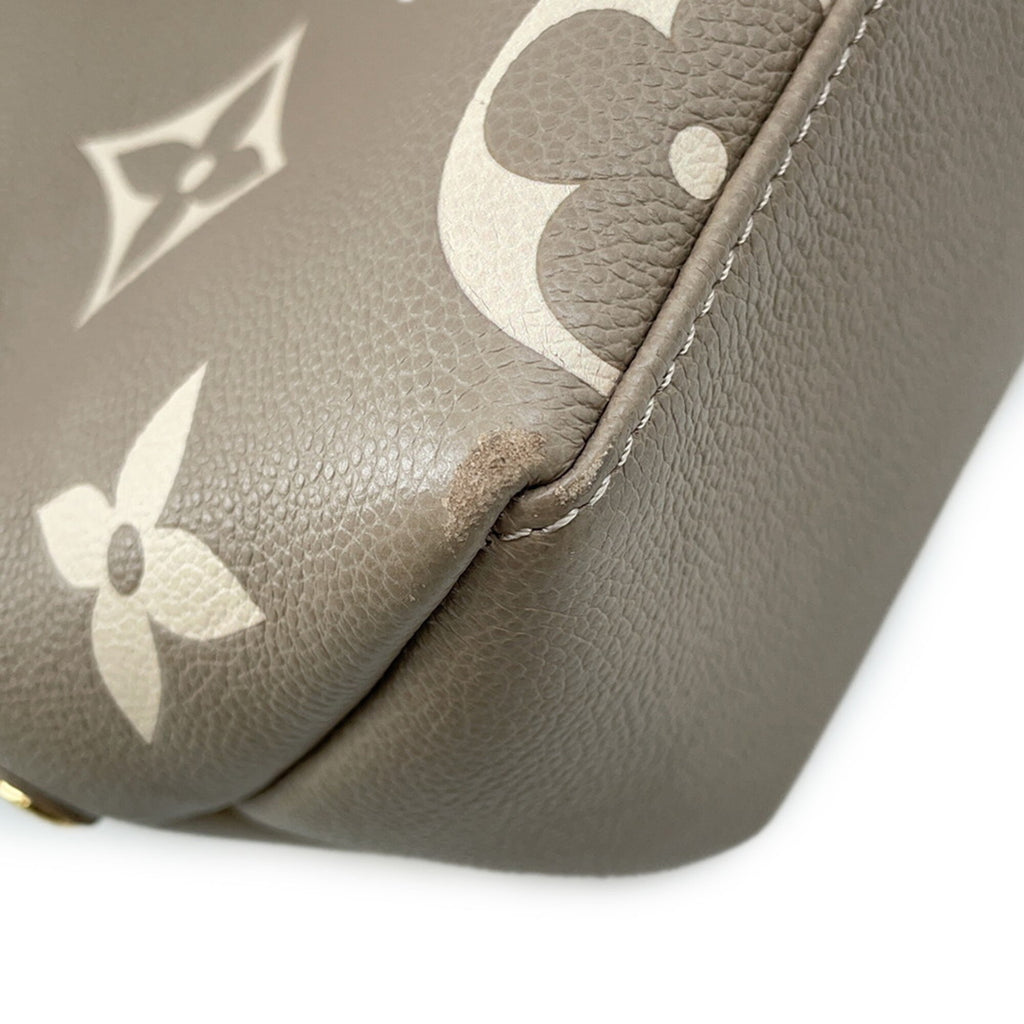 Close-up of LOUIS VUITTON used Petit Palais PM showing leather wear and iconic monogram pattern