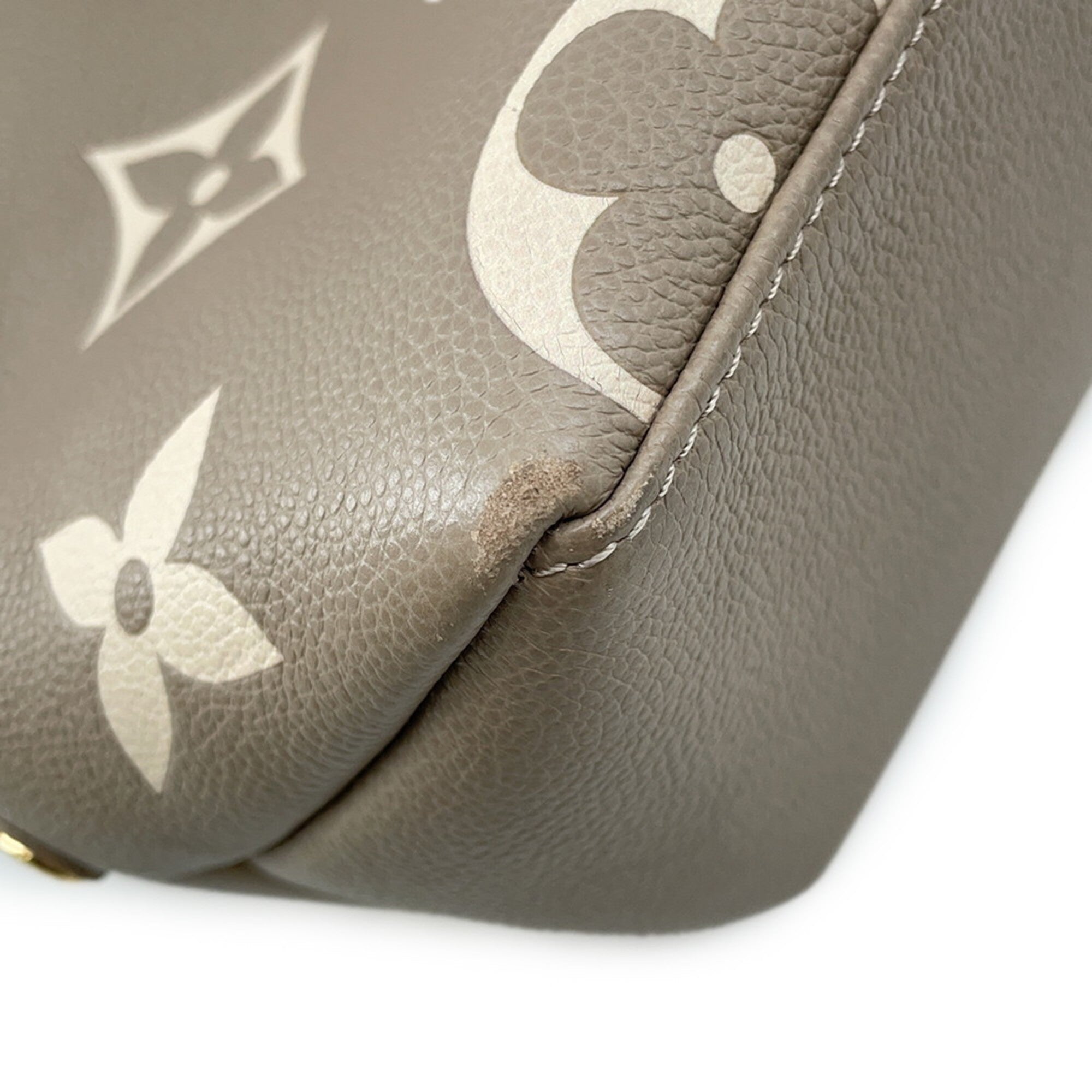 Close-up of LOUIS VUITTON used Petit Palais PM showing leather wear and iconic monogram pattern