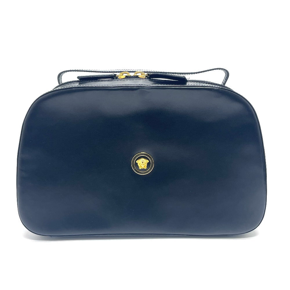 Luxury vintage Versace purse in navy blue with gold accents and iconic logo