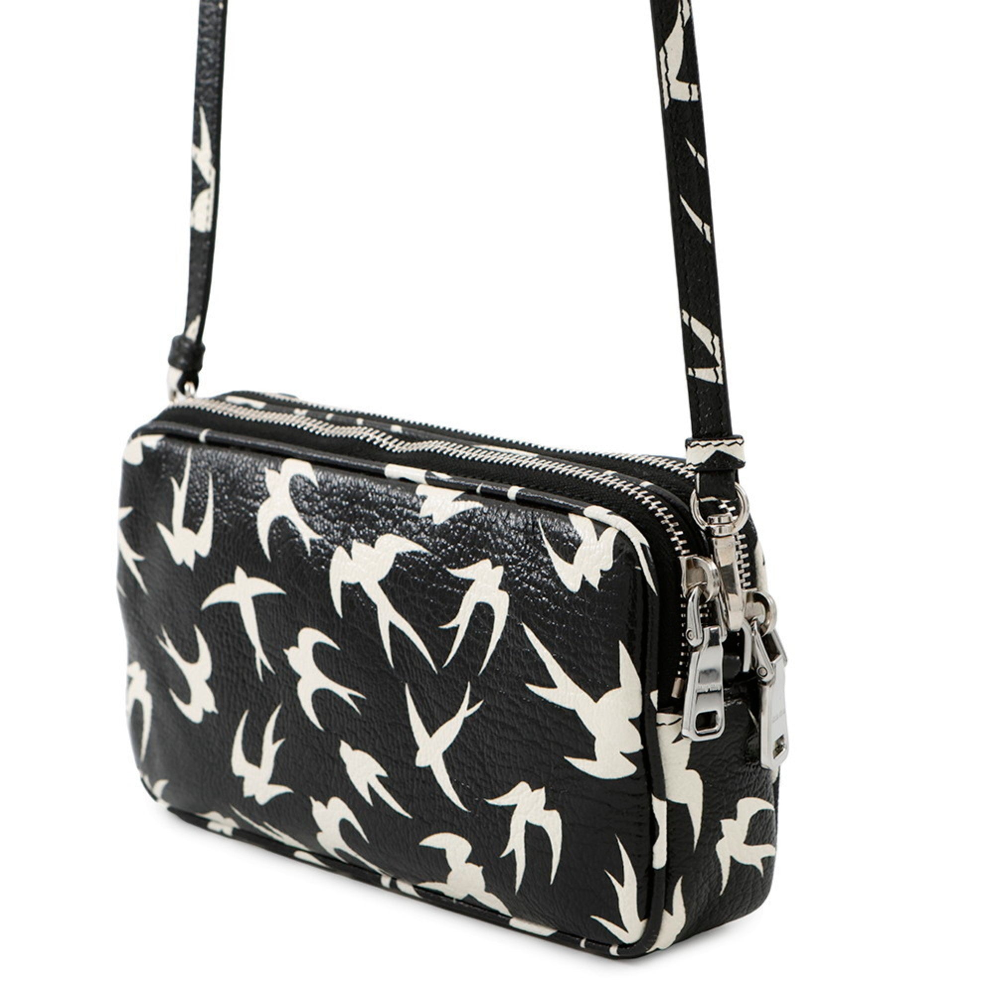MANSII MIU MIU Pre-Loved Swallow Pattern Bag in black with white swallow print and adjustable strap