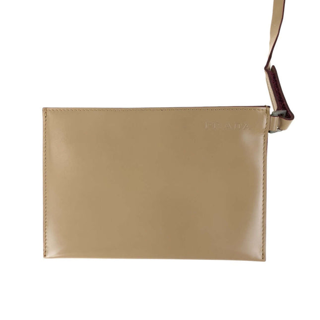 PRADA pre-owned beige leather clutch bag with a wrist strap for stylish occasions