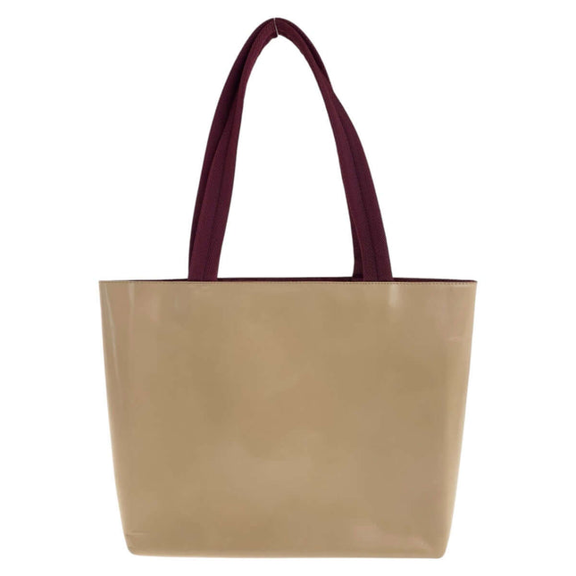 PRADA pre-owned beige tote bag with contrasting burgundy handles for stylish everyday use