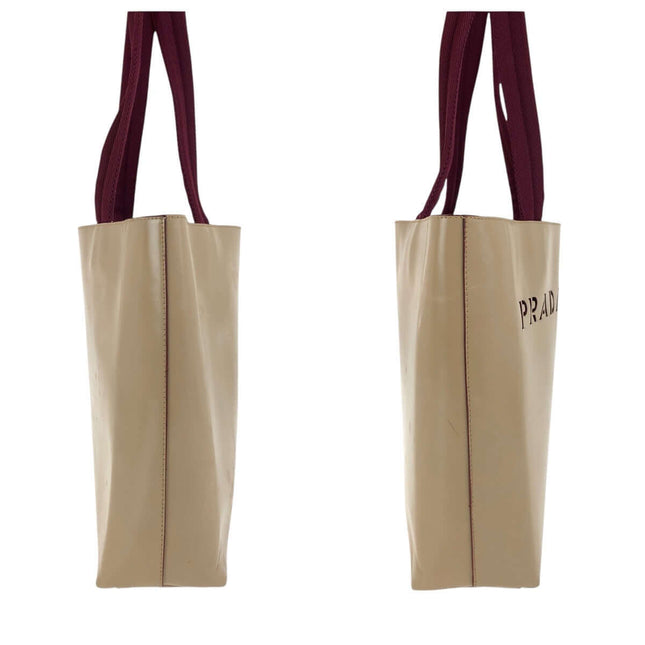 PRADA pre-owned tote bag in beige with burgundy handles and logo detail