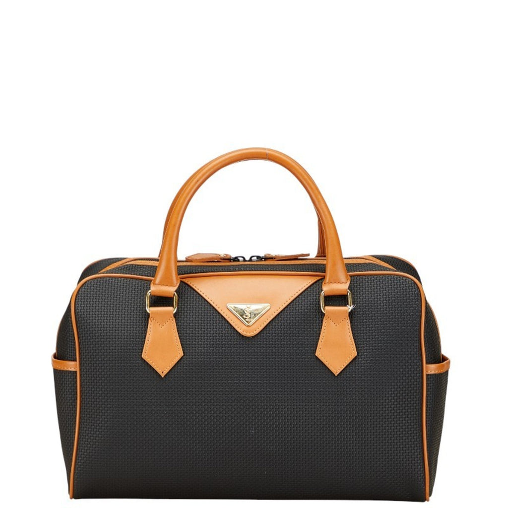 Pre-loved Saint Laurent mini Boston bag in black with tan leather accents and a structured design