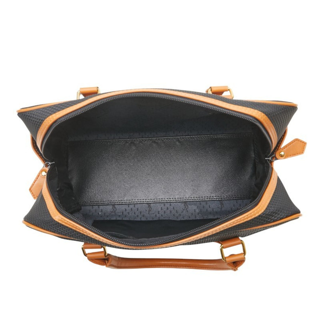 Inside view of a pre-loved Saint Laurent mini Boston bag with a spacious black lining and leather detailing