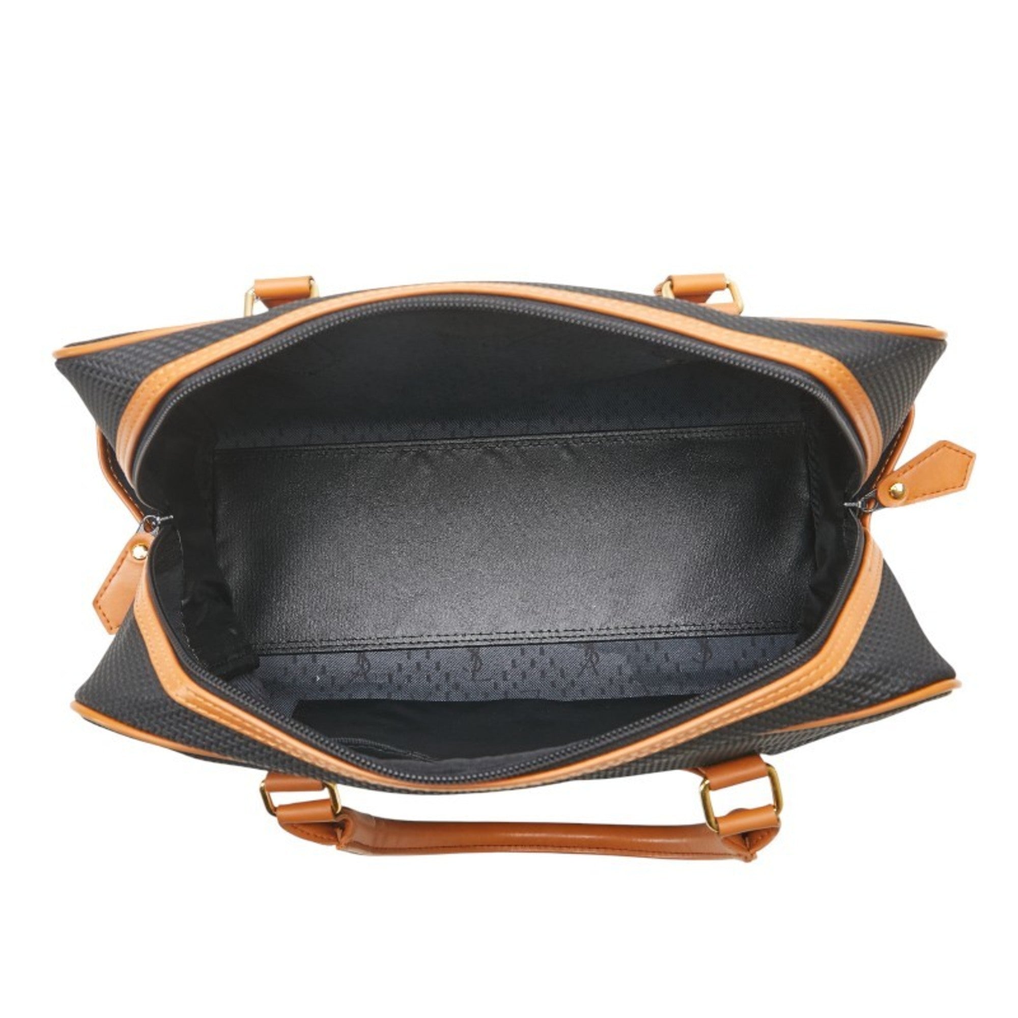 Inside view of a pre-loved Saint Laurent mini Boston bag with a spacious black lining and leather detailing