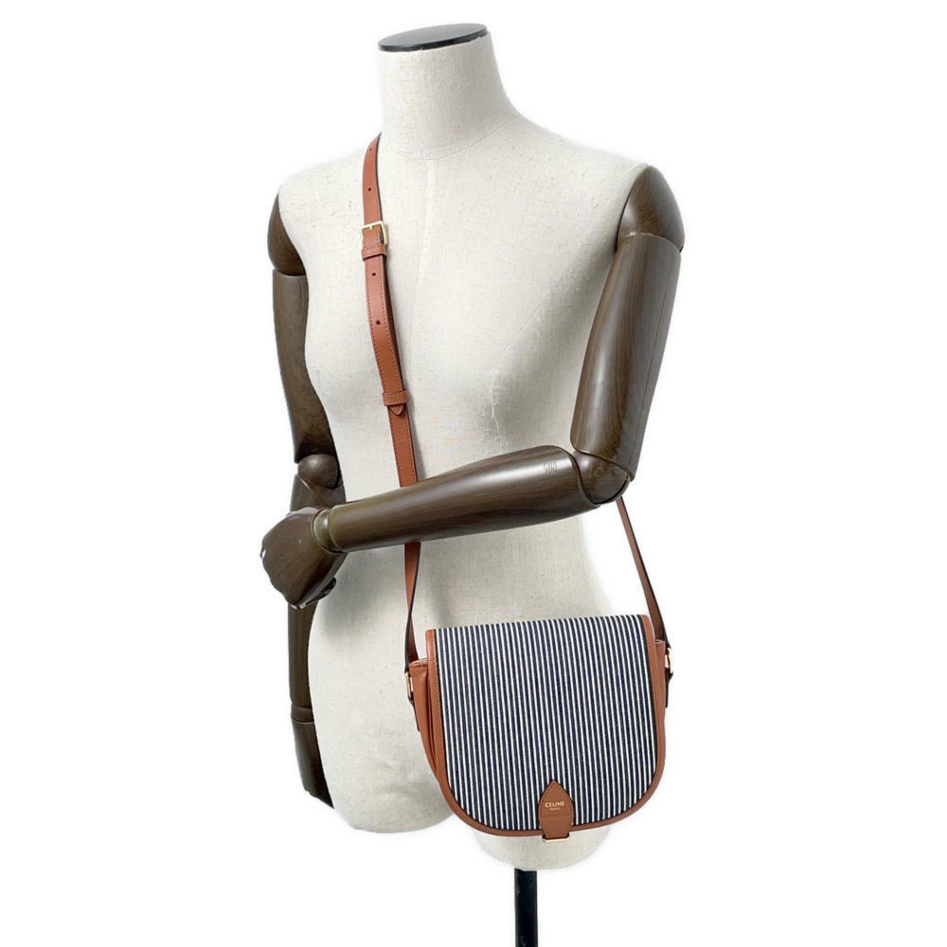 Celine Pre-Owned Striped Crossbody Bag with Brown Leather Accents and Adjustable Strap