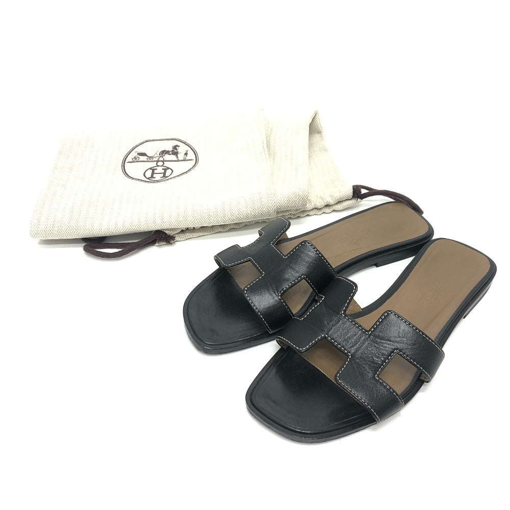 Pre-owned Hermes Oran sandals in black leather with square toe design and stylish cutouts